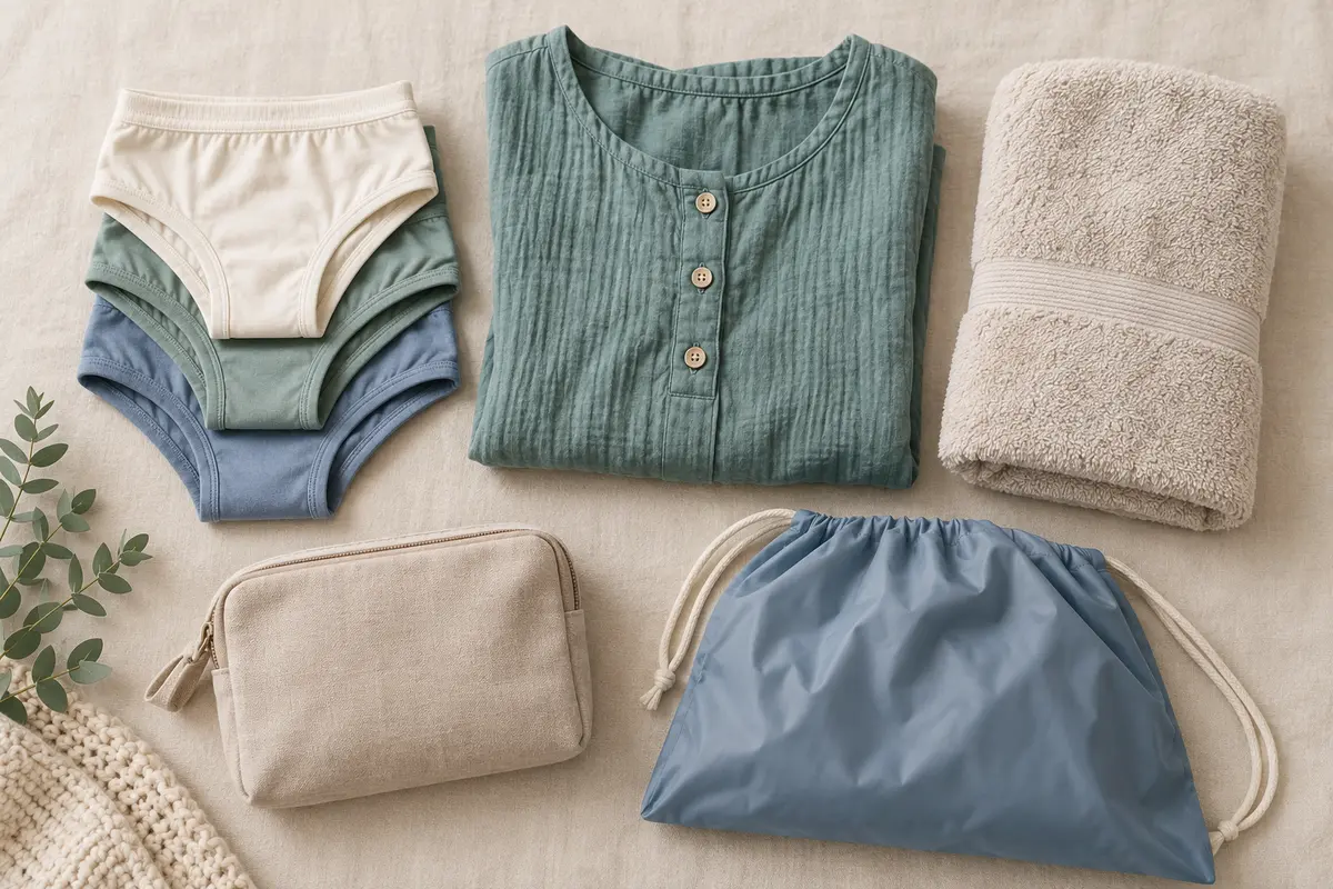 Breathable clothing, cotton underwear, towel, pouch and reusable bag arranged as a daytime comfort kit.