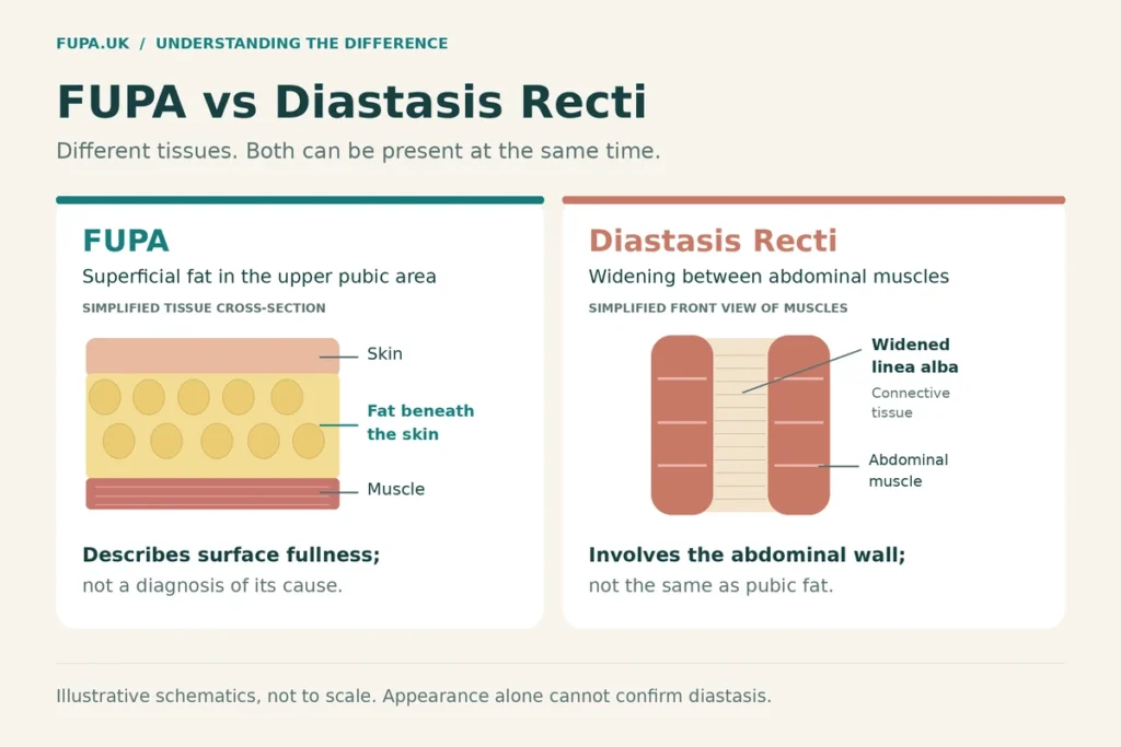 Diagrams comparing superficial fat beneath the skin in the upper pubic area with widened connective tissue between the abdominal muscles in diastasis recti.