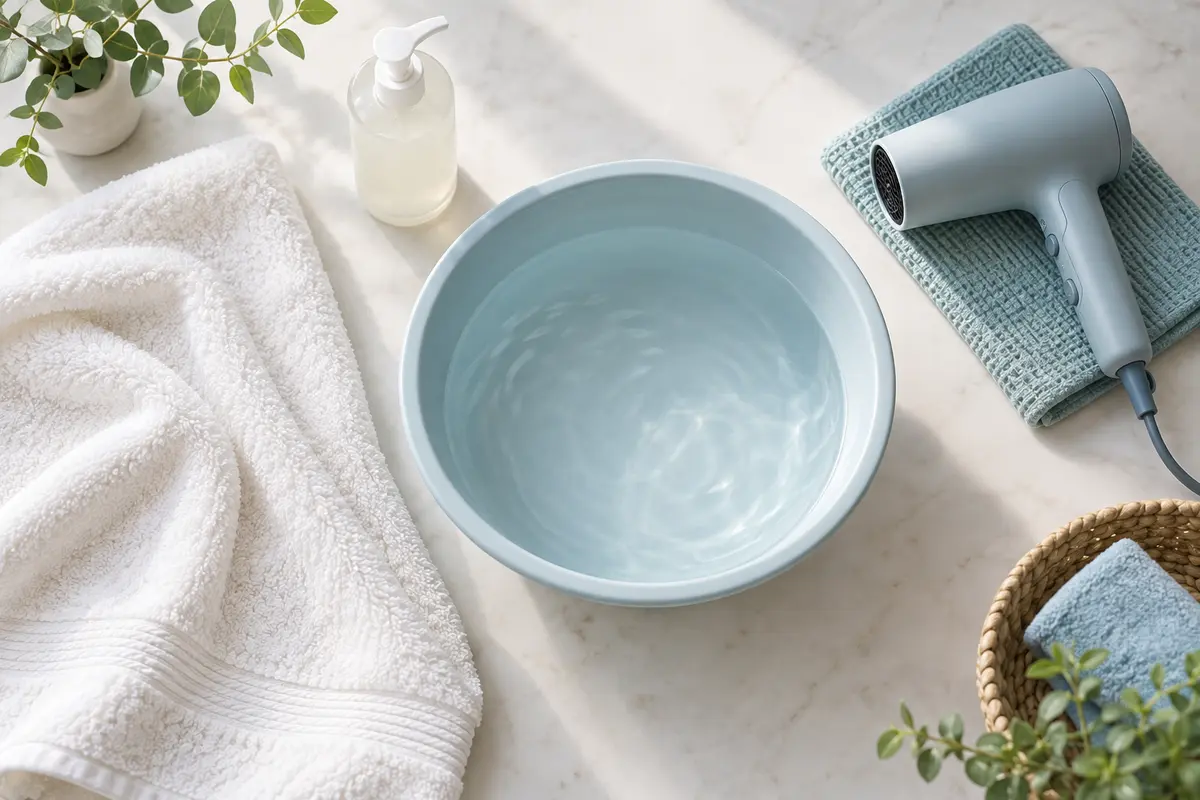 Soft towel, wash basin, unbranded cleanser and cool-air dryer representing gentle washing and thorough drying.