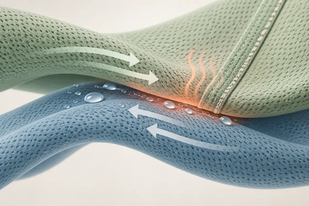 Breathable trousers, seamless underwear, towel, barrier cream and walking shoes representing lower belly chafing comfort.