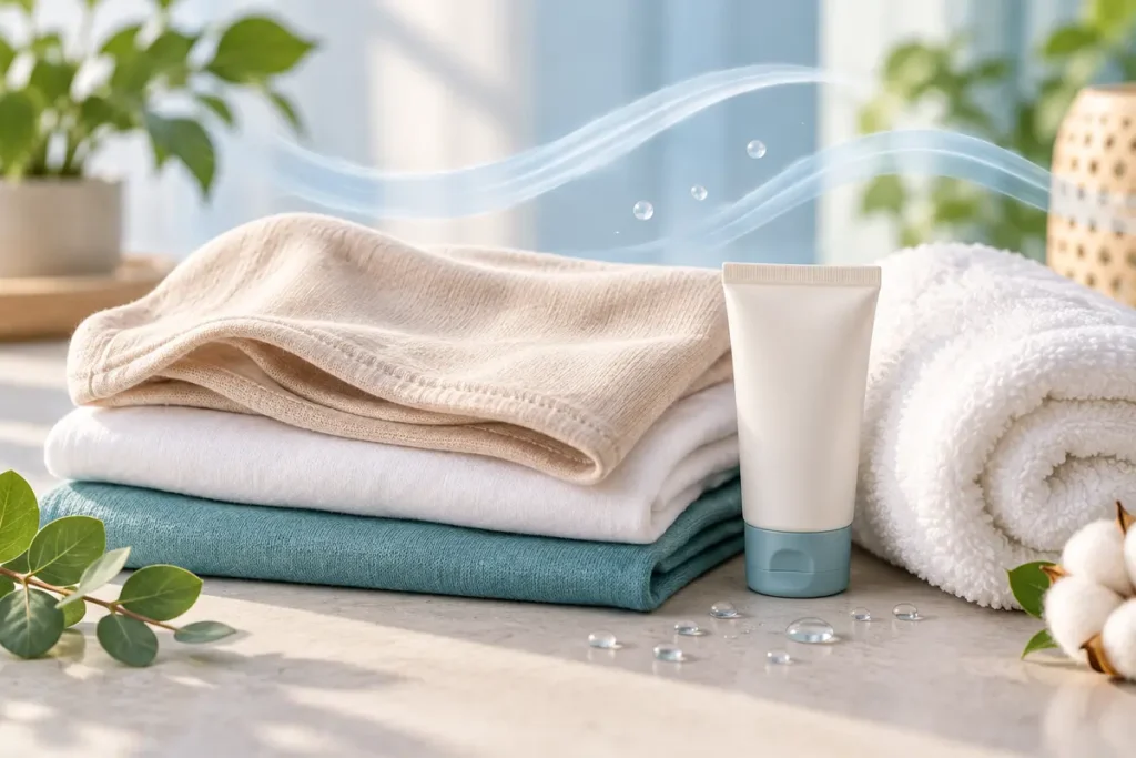Folded breathable fabrics, towel and unbranded skincare tube representing everyday comfort for sweating under a belly fold.