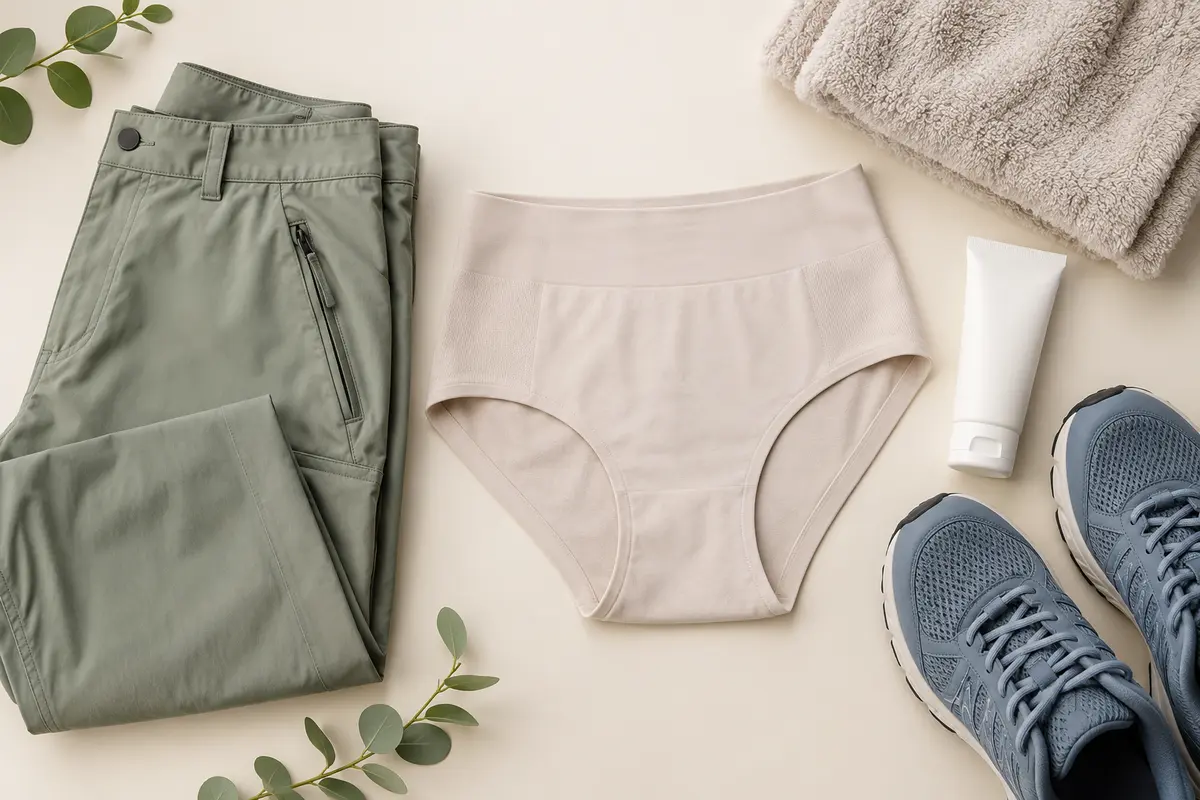 Trousers, seamless underwear, fabric swatches and measuring tape illustrating a waistband and seam movement test.