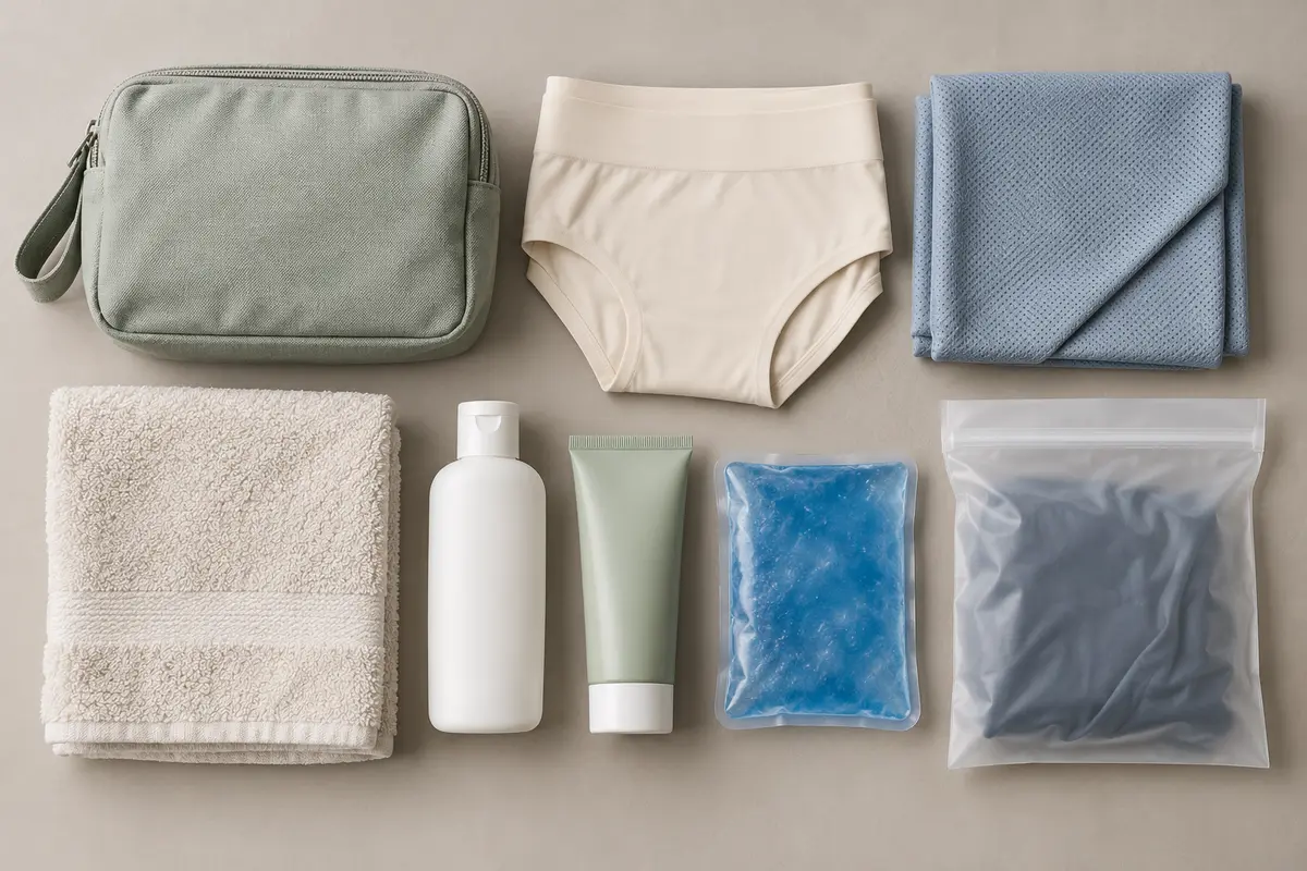 Spare underwear, breathable fabric, towel, cleanser, barrier cream and cool compress arranged as a walking comfort kit.