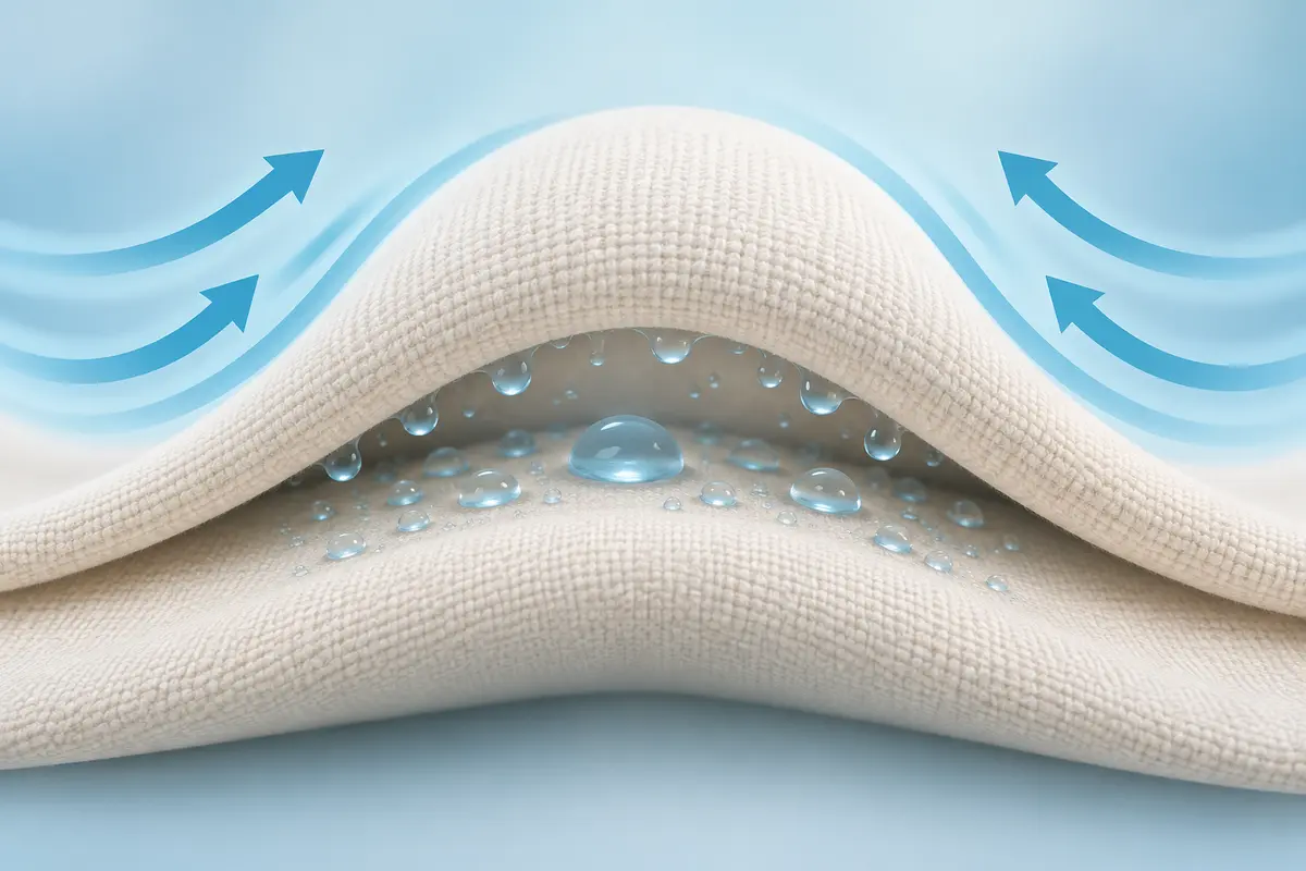 Curved fabric layers with moisture droplets and airflow arrows illustrating how moisture can collect within a skin fold.