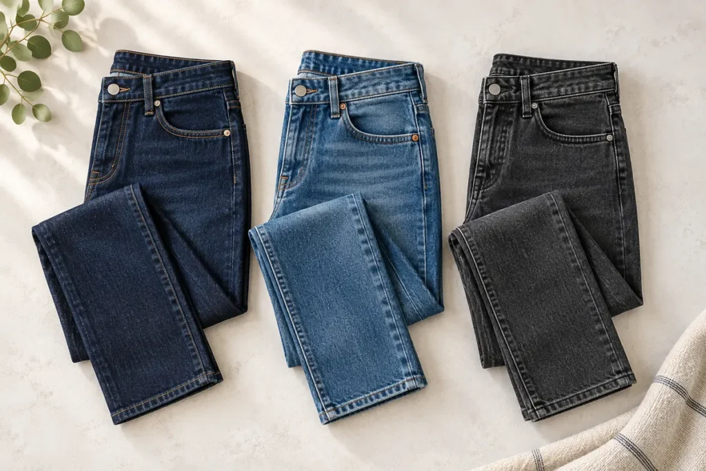 Three folded jeans in different denim washes laid flat with waistbands visible