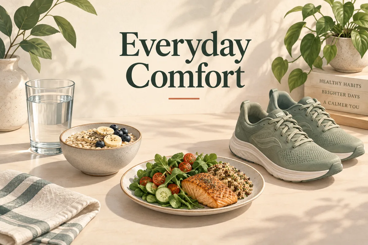 Water, oats, a meal and walking shoes beneath the heading Everyday Comfort