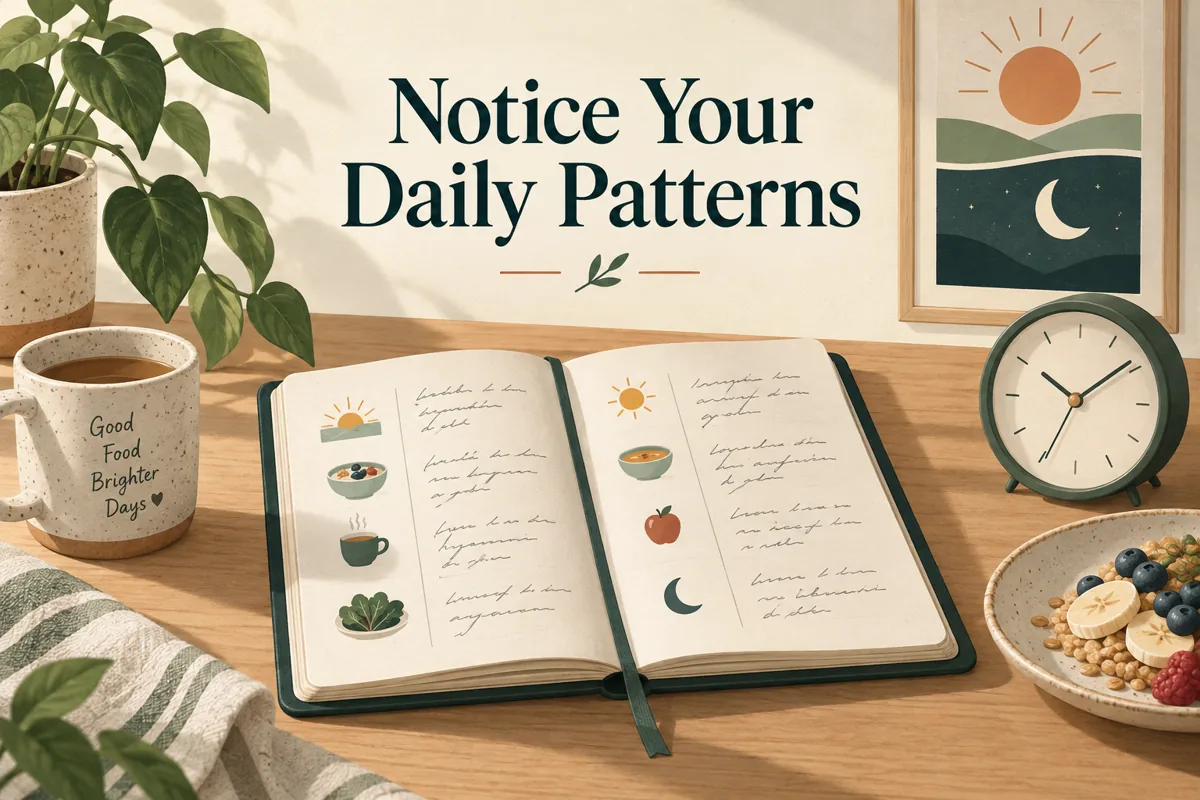 Open food journal beside a clock and breakfast bowl, illustrating daily symptom tracking