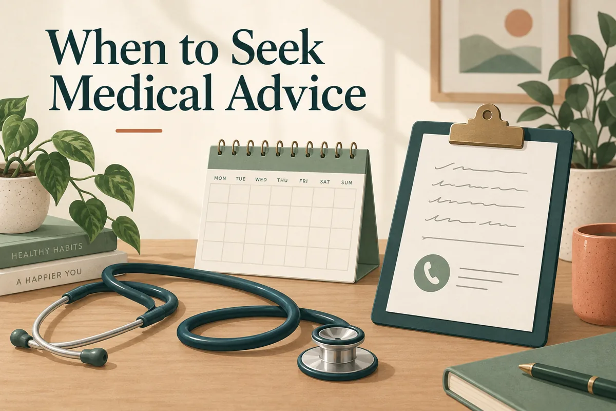 Stethoscope, calendar and clipboard beneath the heading When to Seek Medical Advice