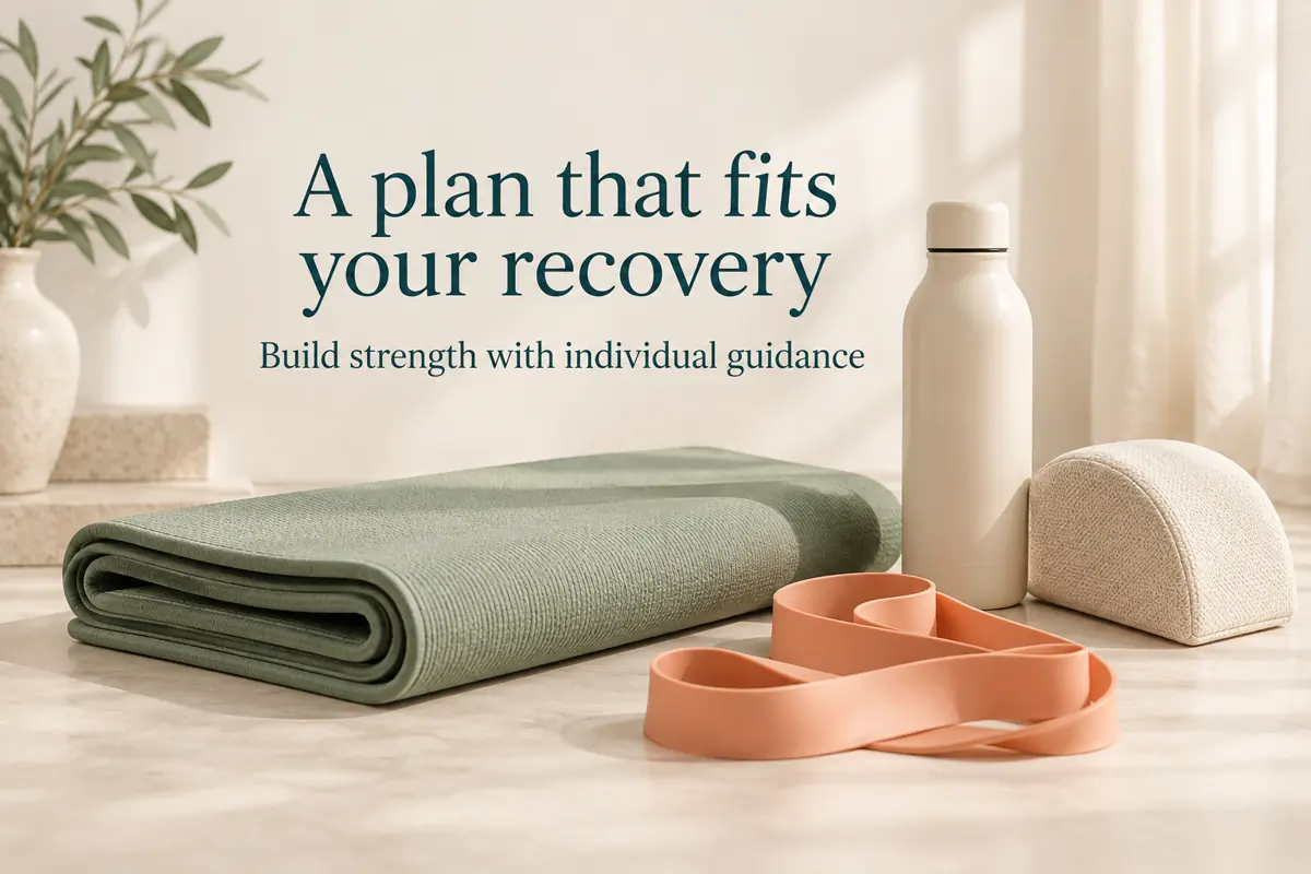 Exercise mat, resistance band and water bottle representing an individual rehabilitation plan.