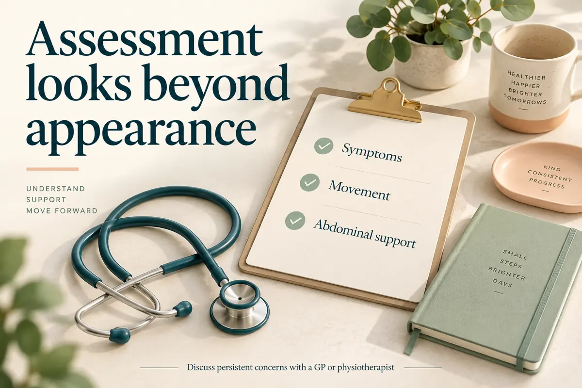 Clipboard listing symptoms, movement and abdominal support beside a stethoscope.