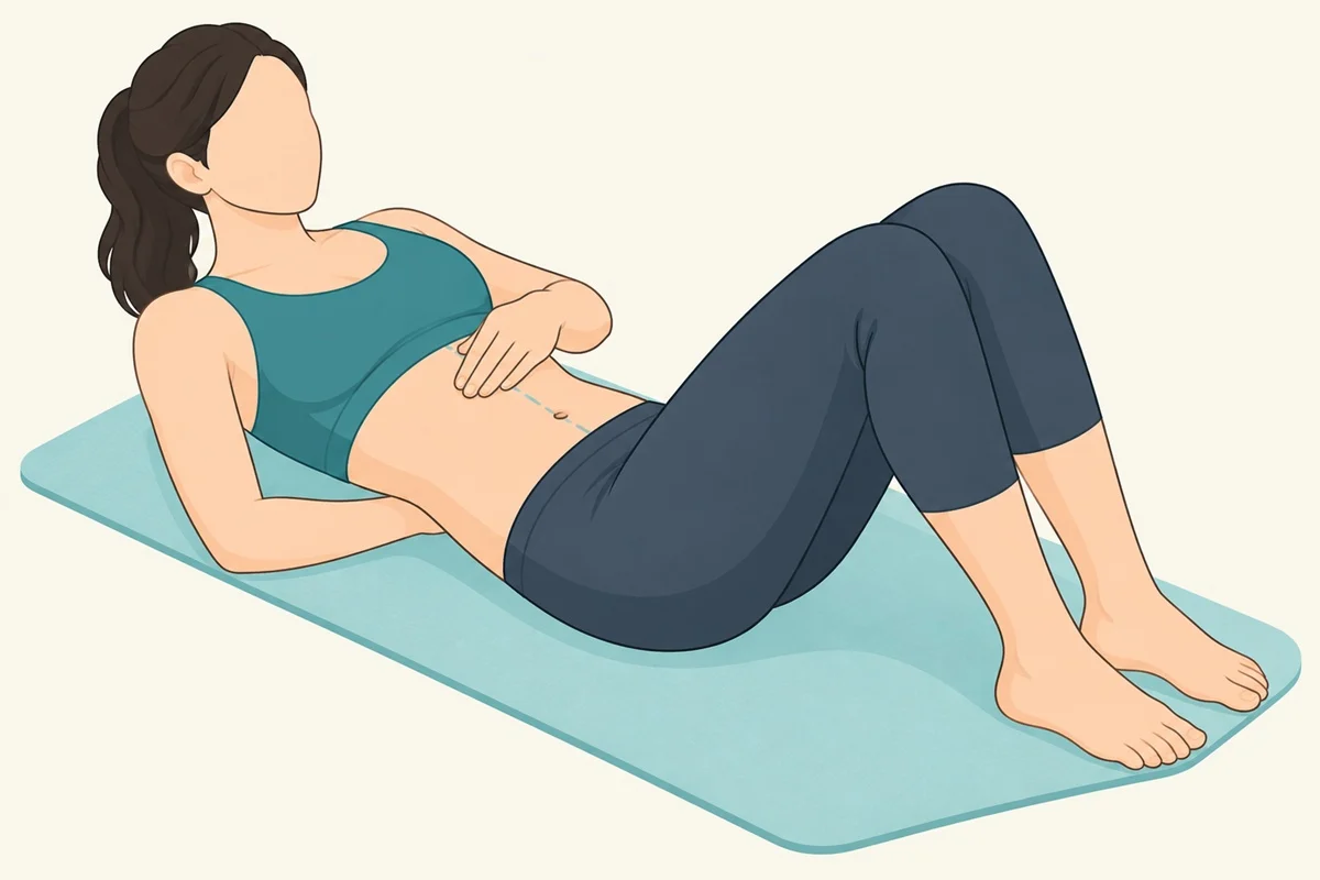 Illustration of the lie-down self-check for diastasis recti, with fingers placed on the midline above the navel while lifting the head