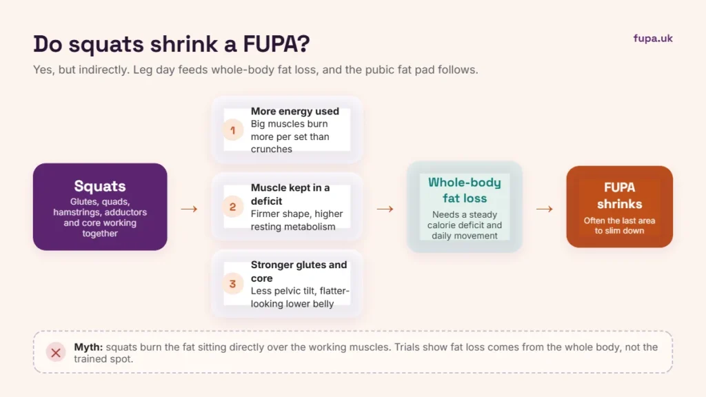 Diagram showing how squats shrink a FUPA indirectly: more energy used, muscle kept in a calorie deficit and stronger glutes lead to whole-body fat loss, with the FUPA often slimming last