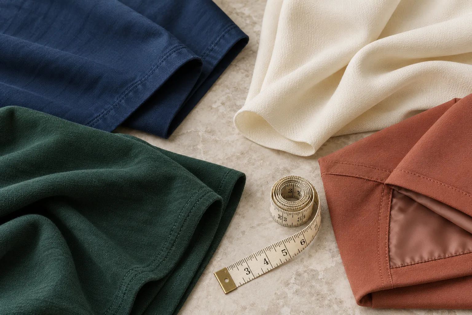 Folded dress fabrics and a measuring tape showing different textures and drape