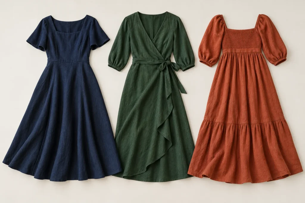 A-line, wrap and empire-waist dresses laid flat side by side