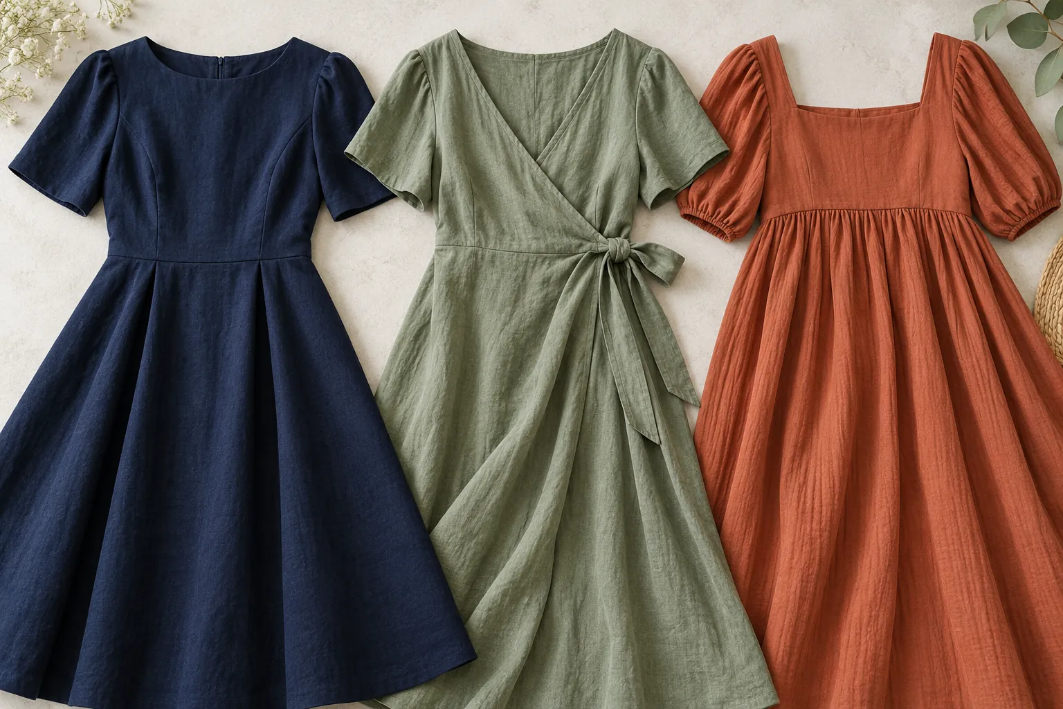 Three dresses showing natural waist, wrap tie and raised waist seam positions