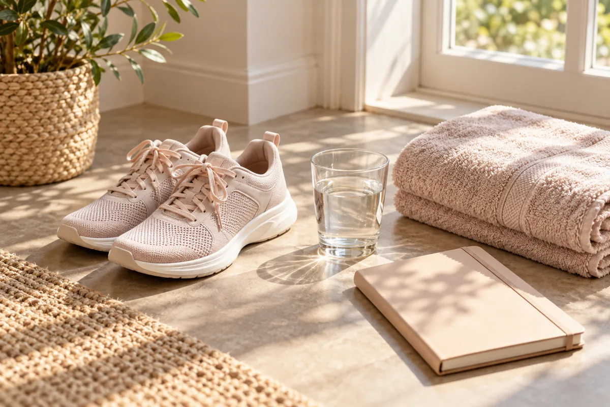Comfortable trainers, towel, water and notebook for gradual postnatal movement