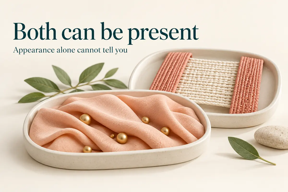 Overlapping trays with fabric and bead sculptures illustrating that superficial fullness and muscle separation can coexist.
