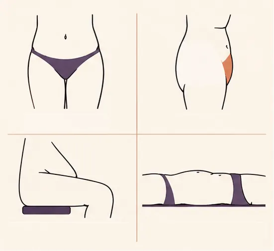 Four illustrated views of a FUPA: standing from the front, standing in profile, seated and lying down