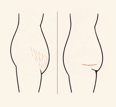 Two illustrations: stretch marks across the lower abdomen, and a low caesarean scar with tissue settling above it