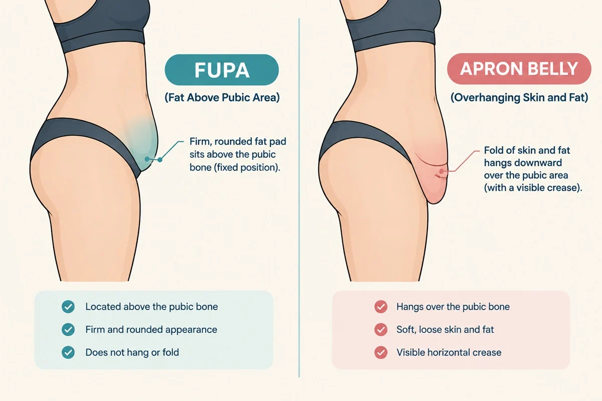 Side-by-side illustration comparing a FUPA fat pad above the pubic bone with an apron belly fold of skin and fat hanging over it
