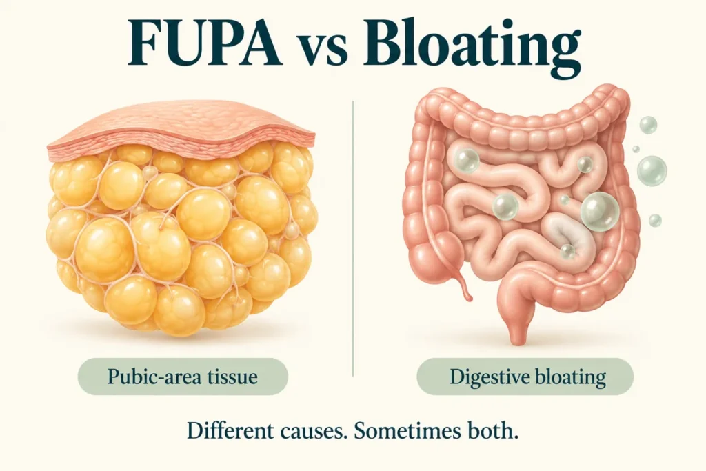 Illustration comparing fatty tissue beneath skin with intestines representing digestive bloating