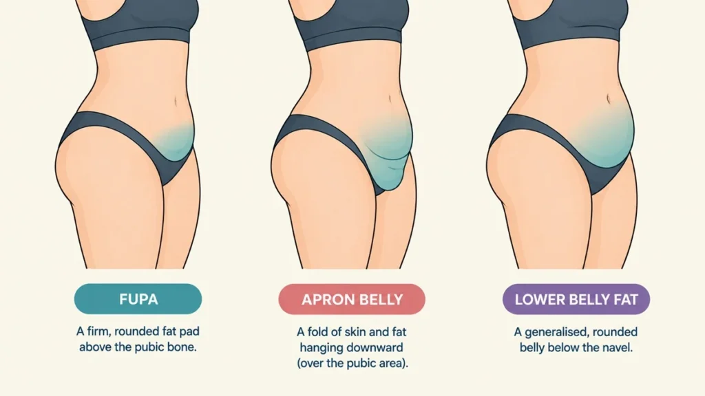 Illustrated comparison of the main lower-belly fat types, showing where a FUPA sits relative to an apron belly and lower belly pooch