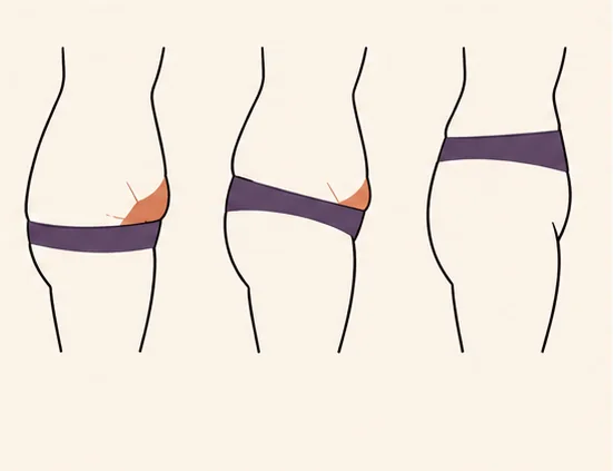 Three illustrations showing how low-rise, mid-rise and high-rise waistbands sit across a FUPA