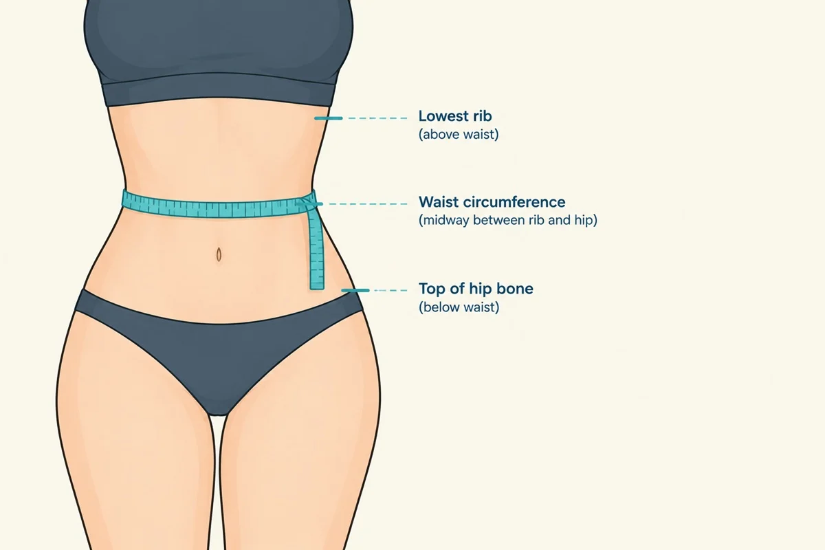 Diagram showing correct waist measurement, with the tape midway between the lowest rib and the top of the hip bone
