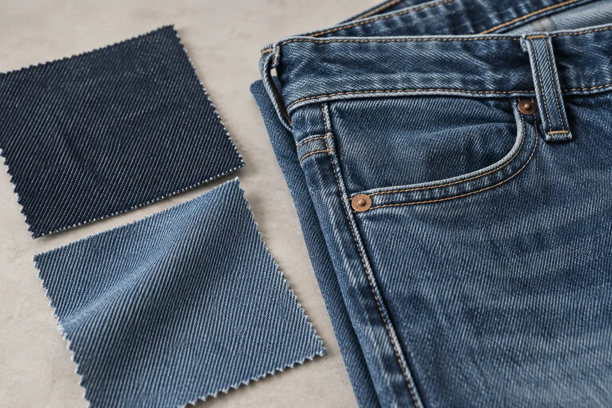 Denim fabric swatches and folded jeans showing different textures and finishes