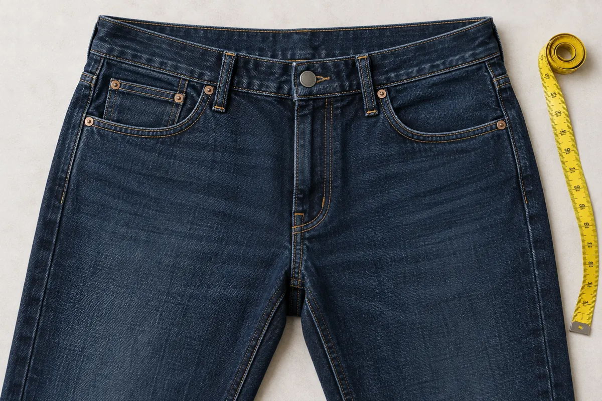 Close-up of jeans front pockets, fly and waistband construction laid flat