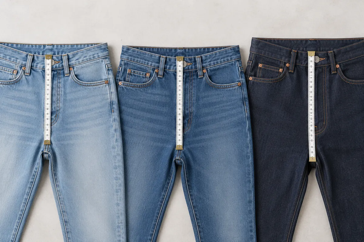 Three pairs of jeans with different waistband positions laid flat beside measuring tapes