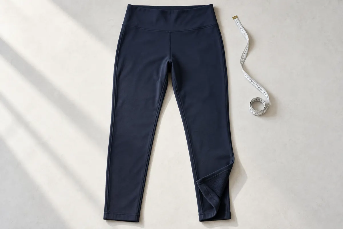 Leggings and measuring tape laid flat for a fit and coverage check