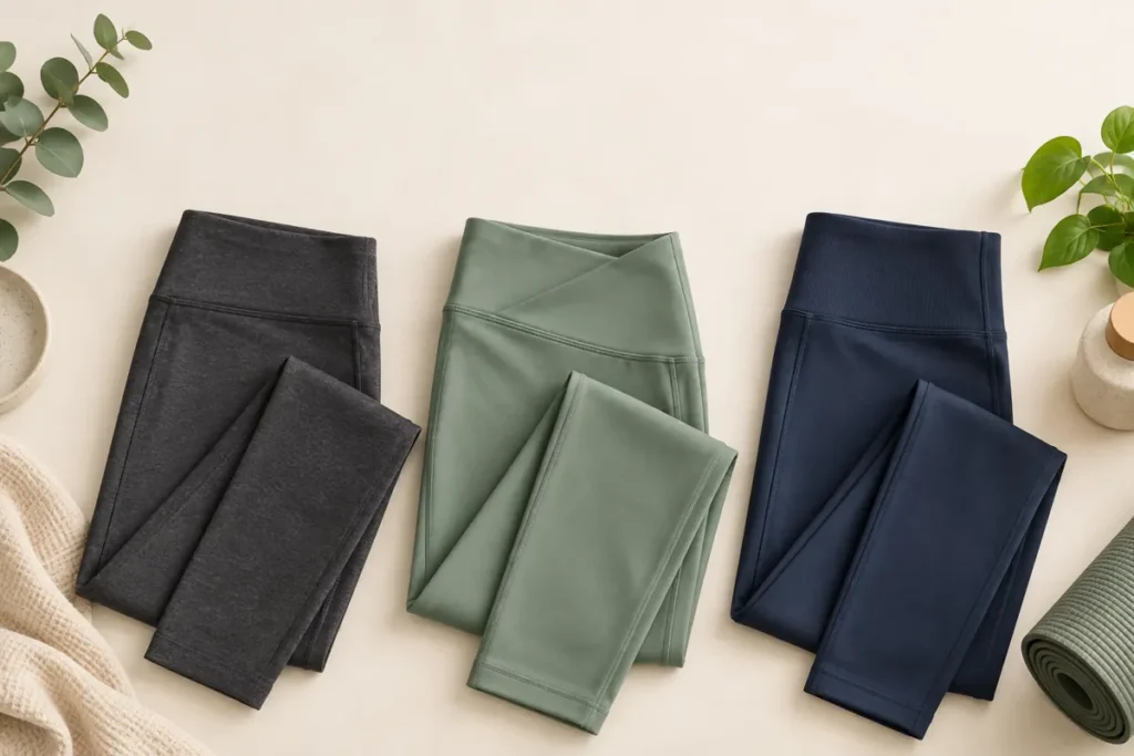 Folded leggings with different waistband styles arranged in a flat lay