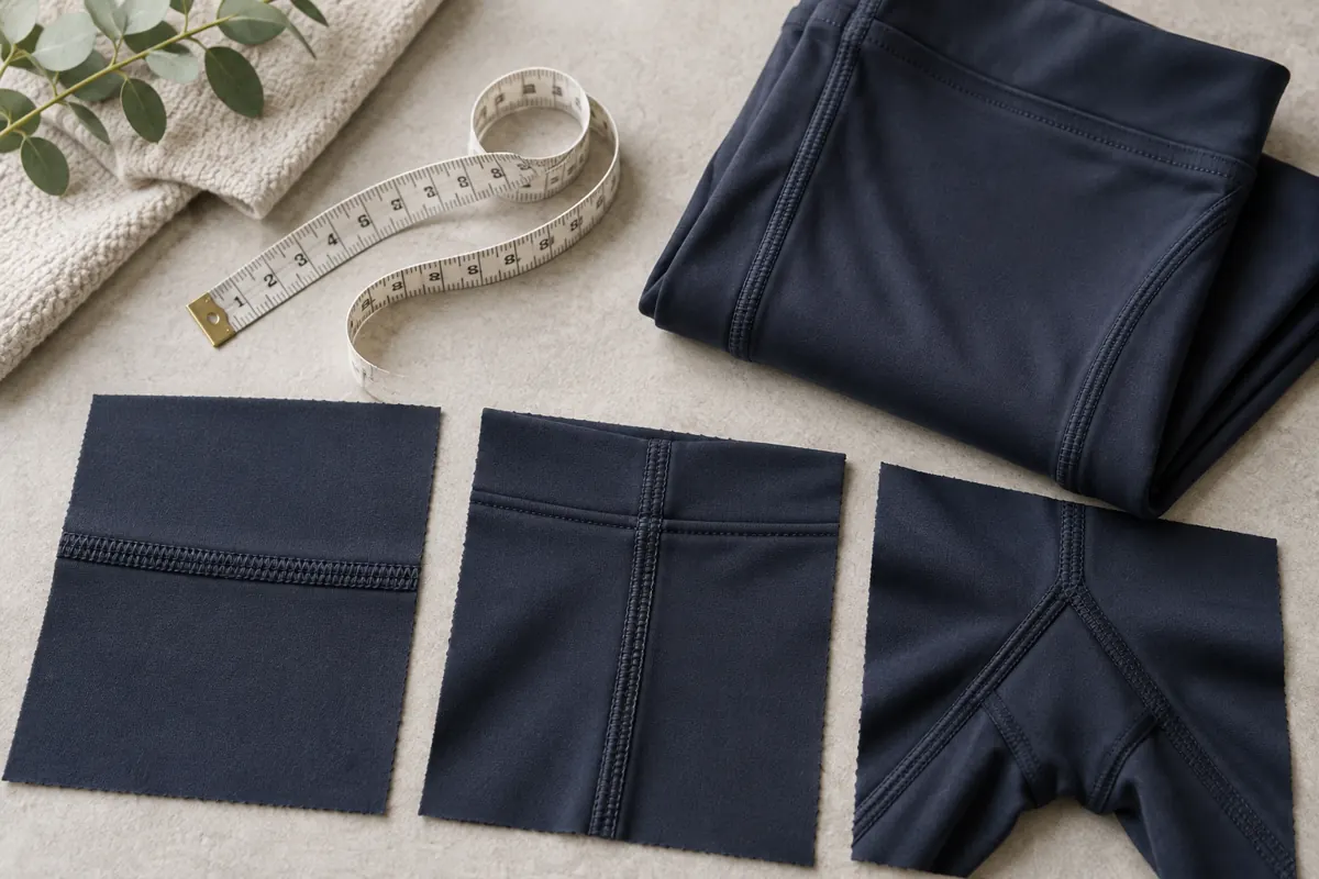 Close view of leggings fabric, seams and gusset construction