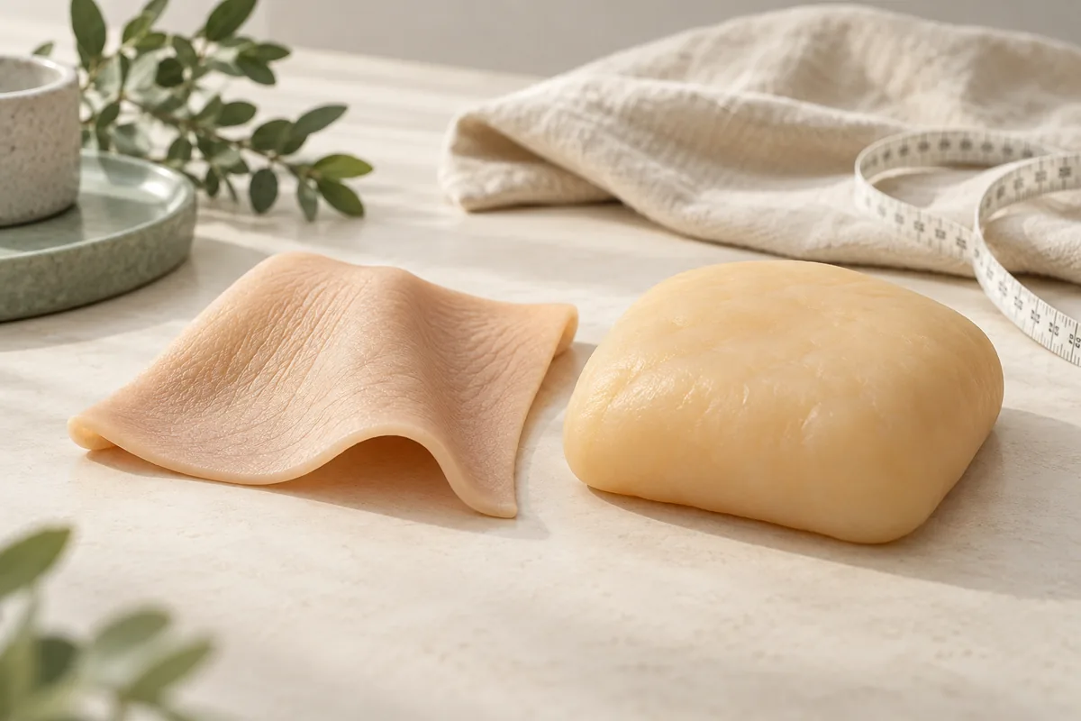 Thin folded silicone sample beside a rounded padded sample, illustrating a symbolic skin and fat comparison