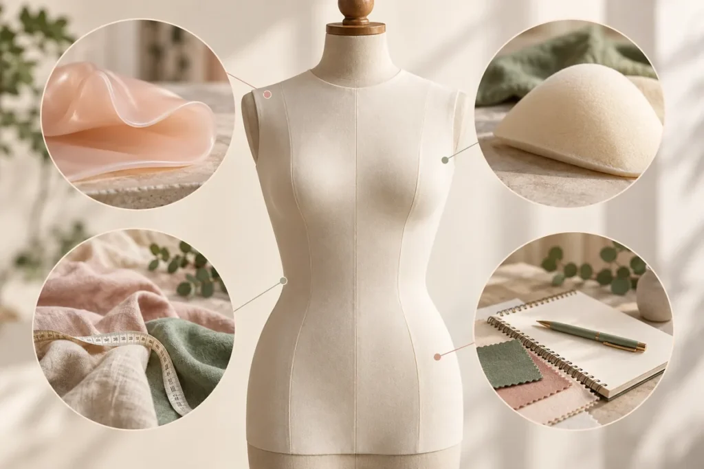 Dress form with four circular insets showing symbolic material samples and consultation items