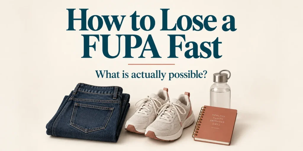 Folded jeans, walking shoes, a water bottle and a notebook beneath the title How to Lose a FUPA Fast: What is actually possible?
