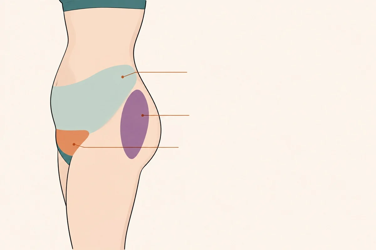 Side-view diagram of the lower abdomen marking the mons pubis, the area below the navel and the flanks, showing where each belly fat type sits