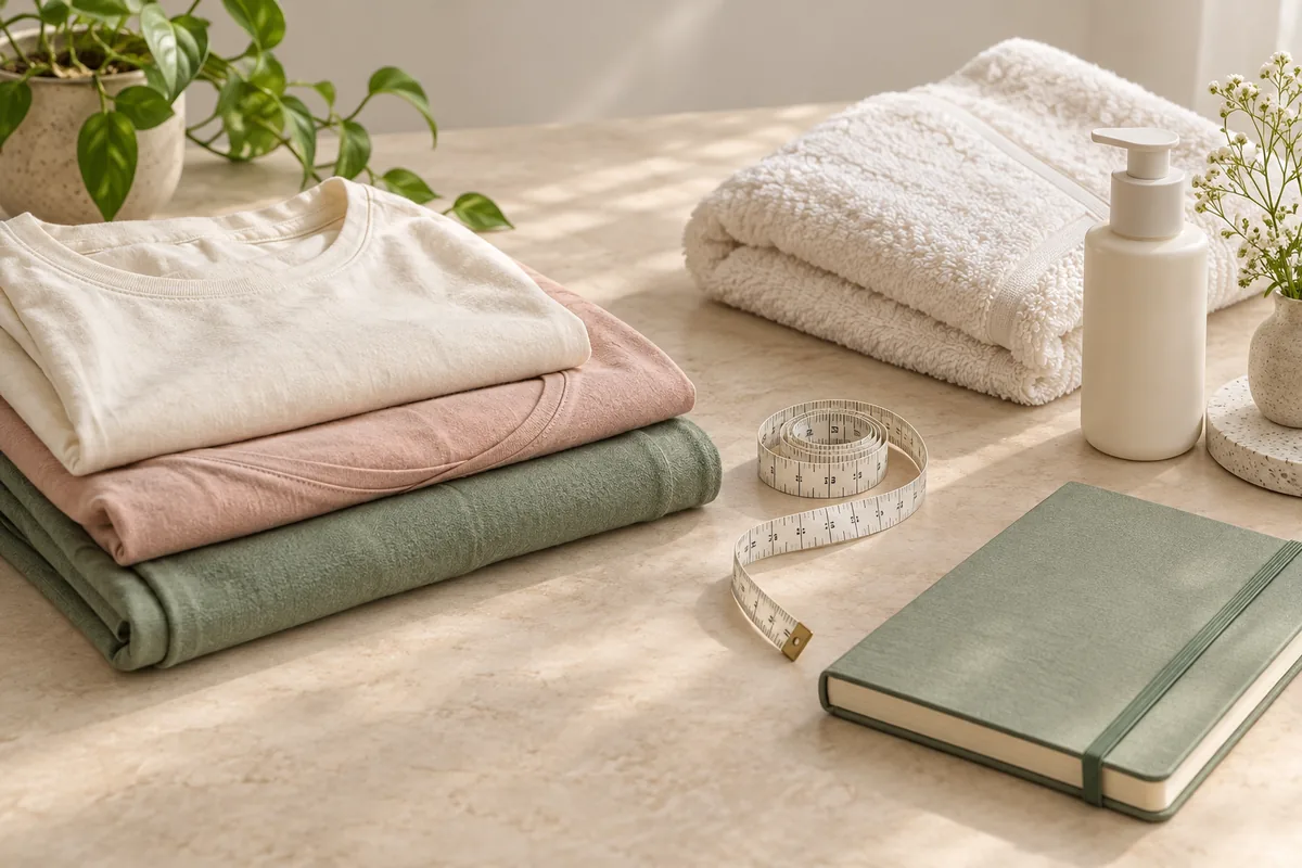 Folded cotton clothing, towel, measuring tape and notebook arranged for lower-belly fold comfort care