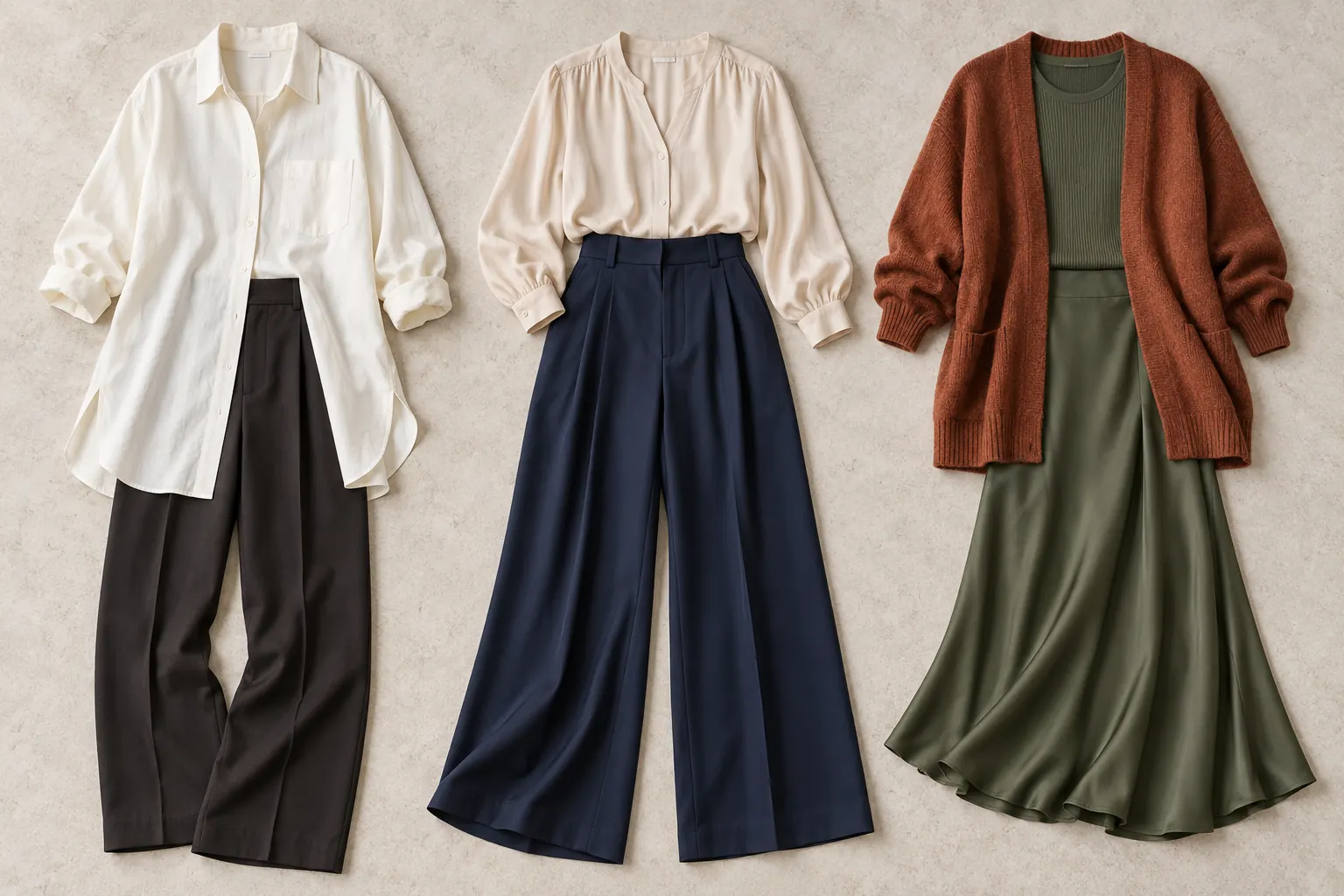 Three flat-lay outfits comparing longline top, tucked blouse and open cardigan