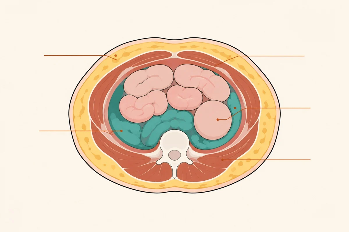 Cross-section diagram of the abdomen showing subcutaneous fat between skin and abdominal wall compared with visceral fat around the organs