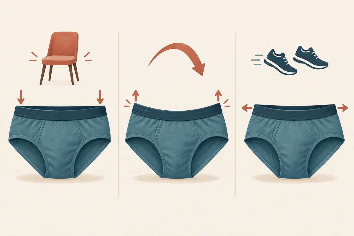 Illustration of sitting, bending and walking underwear fit tests