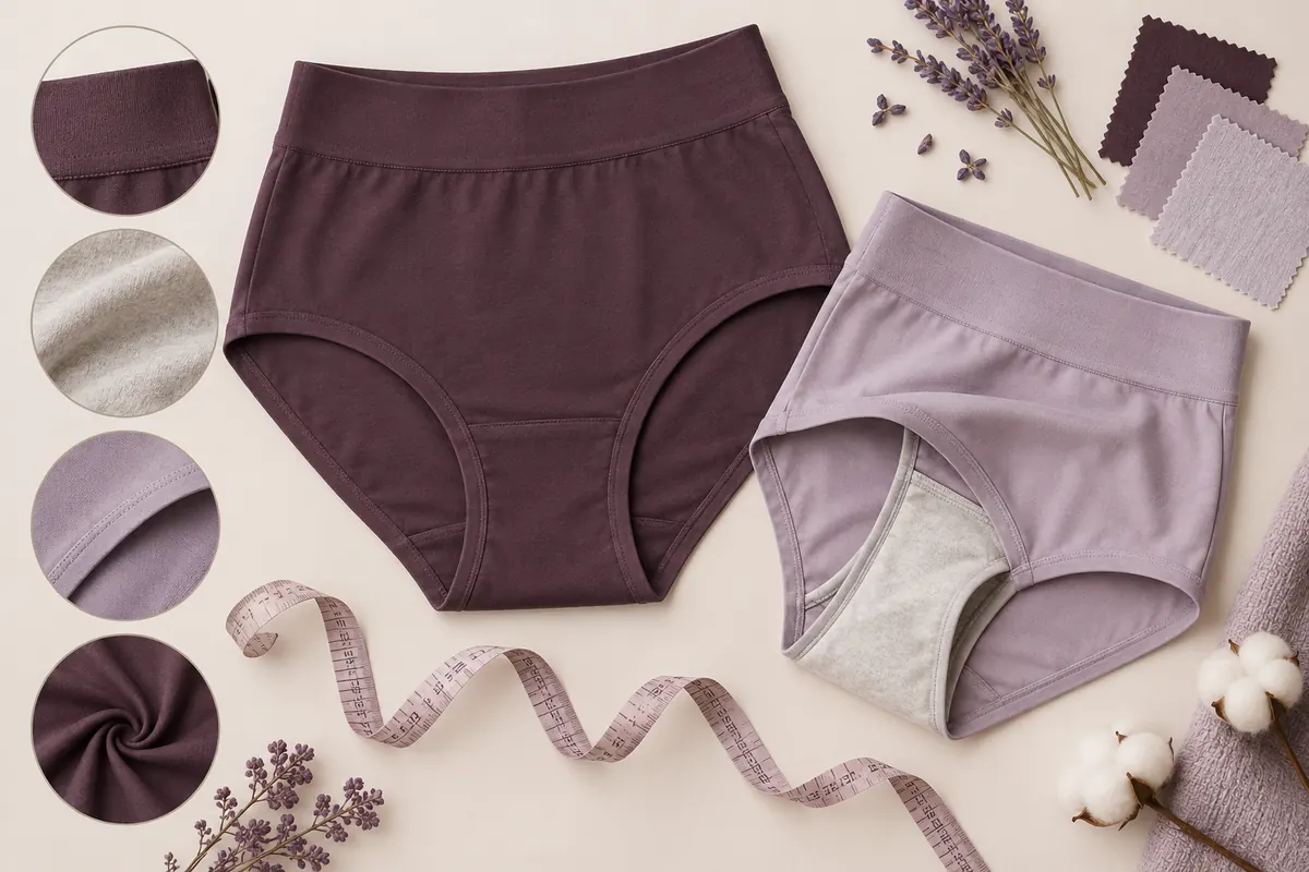 Illustration of wide waistbands, cotton gussets and smooth fabric construction in high-rise underwear