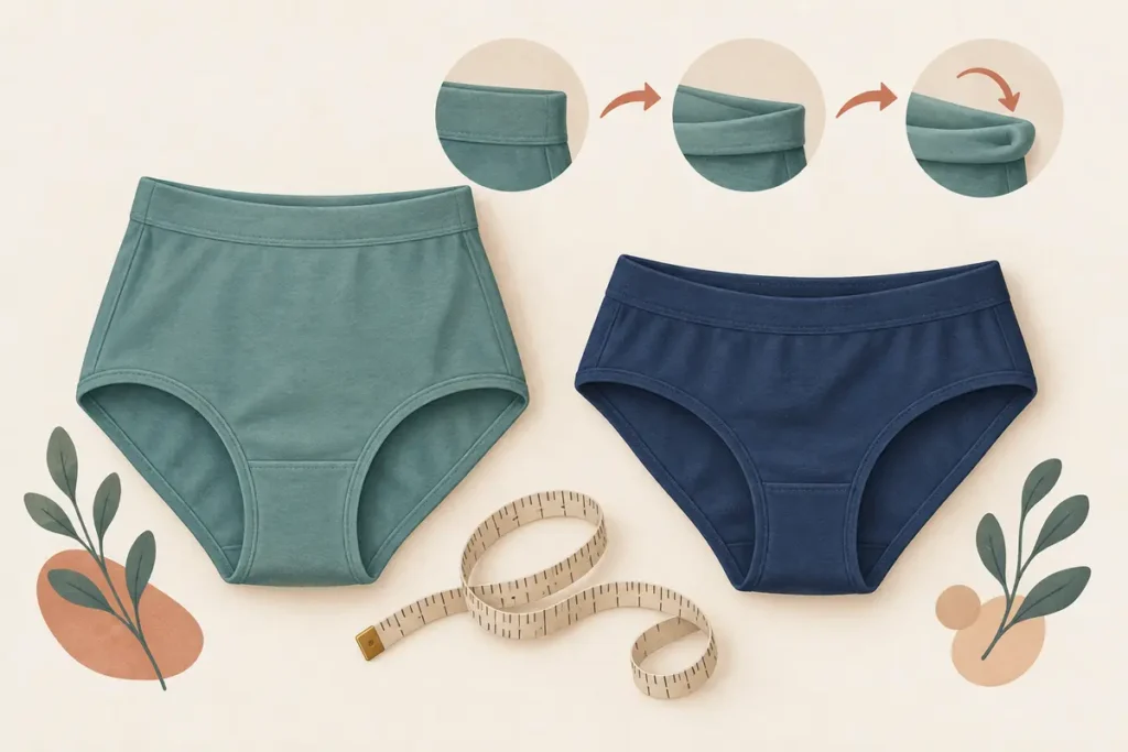 Illustration comparing underwear waistband fit, rise and rolling