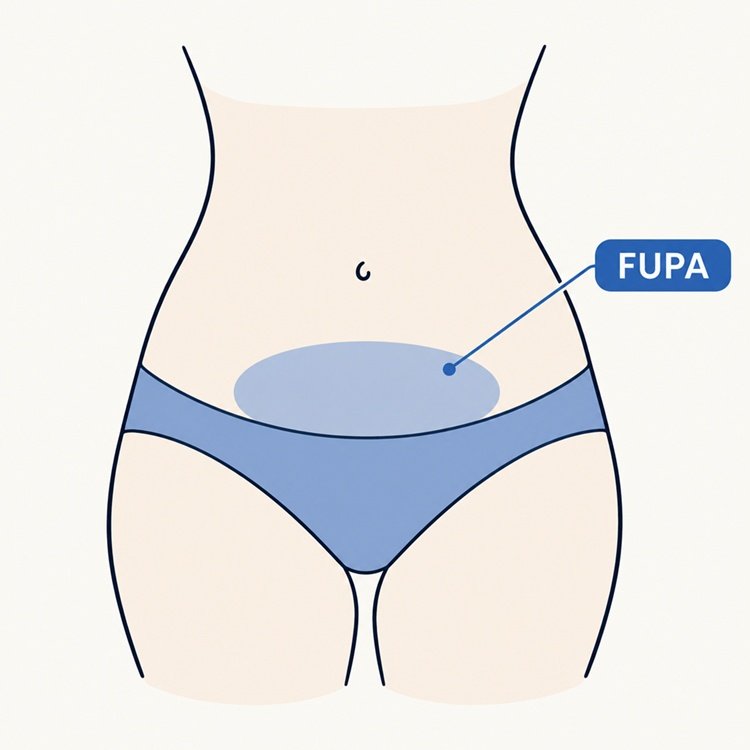 Side-profile illustration showing where the FUPA sits on the lower abdomen, below the belly button and above the pubic bone