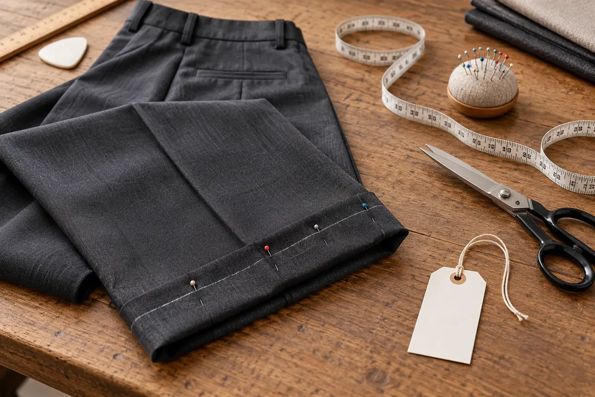 Pinned trouser hem and measuring tools on a tailor’s worktable