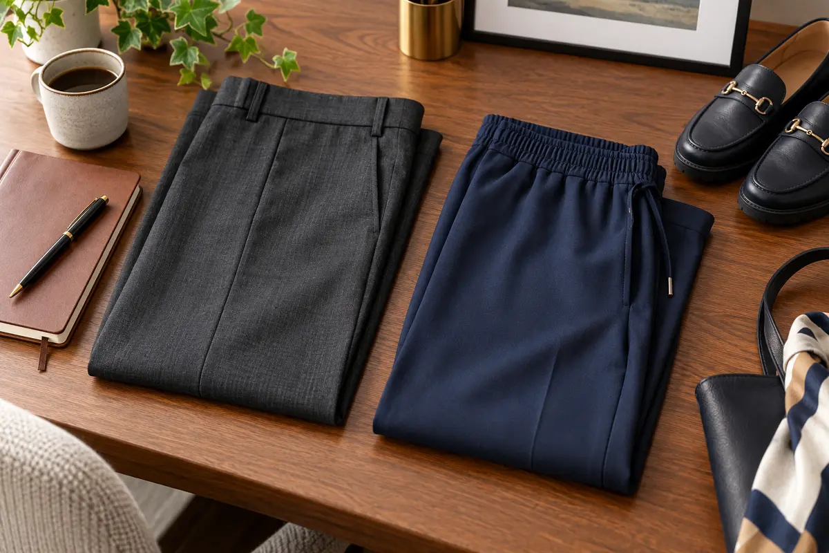 Tailored and pull-on office trousers arranged for different workdays