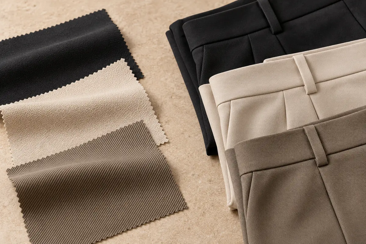 Fabric swatches and folded office trousers showing different textile textures