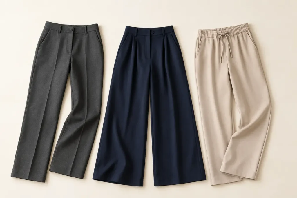 Three office trousers laid flat with different waistband and leg styles