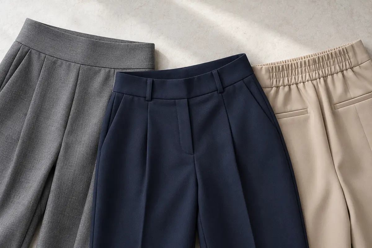 Button, hook and pull-on trouser closures laid flat